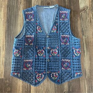 Bobbie Brooks denim Jean vest embroidered hearts and flowers Weave 90's top BOHO